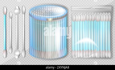 Illustration vectorielle réaliste du conteneur en plastique de coton-tiges et coton-tige sur bâton. Différentes formes de bourgeons de coton Illustration de Vecteur