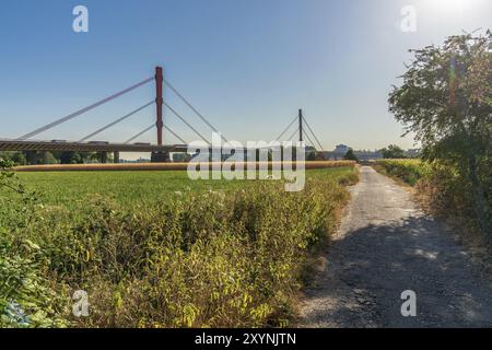 Duisbourg, Rhénanie du Nord-Westphalie, Allemagne, 07 août 2018 : sentier menant au Rhin avec le pont Beeckerwerther en arrière-plan, Europ Banque D'Images