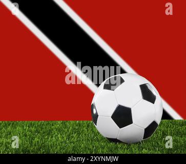 Le drapeau de Trinité-et-Tobago et le ballon de football sur l'herbe verte Banque D'Images