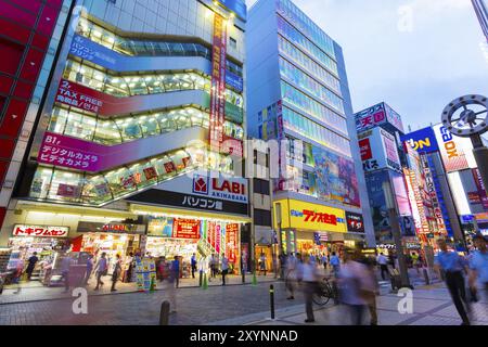 Tokyo, Japon, 29 juillet 2015 : foules de gens animés marchant autour du quartier du centre électronique d'Akihabara parmi les lumières vives et les enseignes de magasins, a Banque D'Images