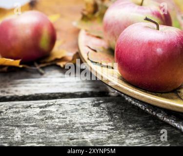 Pommes rouges d'automne et feuilles d'érable sur une vieille table en bois. Concept du jour de Thanksgiving. Prise de vue macro, profondeur de champ très faible Banque D'Images