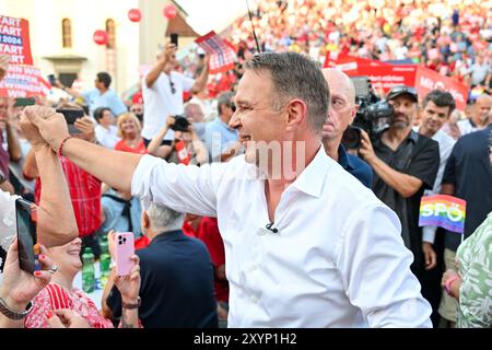 Linz, Autriche. 29 août 2024. LINZ, AUTRICHE - AOÛT 29 : Andi Babler (SP, Bundesparteivorsitzender, Spitzenkandidat SPOe) beim SPOe-Wahlkampfauftakt zur Nationalratswahl 2024 AEC main Deck AM 29 août 2024 à Linz, Autriche. - 20240829 PD24984 crédit : APA-PictureDesk/Alamy Live News Banque D'Images