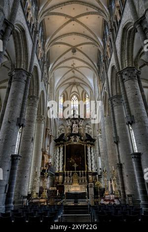 Gothique : Église Nicolas, plafond voûté et colonnes de la nef centrale, Gand, Flandre, Belgique, Europe Banque D'Images