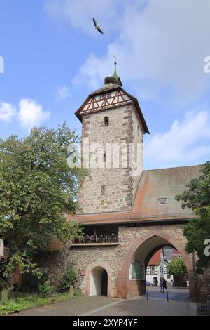 Tour de cigogne historique construite en 1330, point de repère, porte de ville, tour de ville, cigogne blanche en vol, Zell am Harmersbach, Ortenau, Forêt Noire du Sud, Noir Banque D'Images