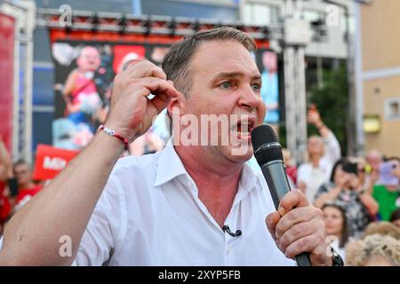 Linz, Autriche. 29 août 2024. LINZ, AUTRICHE - AOÛT 29 : Andi Babler (SP, Bundesparteivorsitzender, Spitzenkandidat SPOe) beim SPOe-Wahlkampfauftakt zur Nationalratswahl 2024 AEC main Deck AM 29 août 2024 à Linz, Autriche. - 20240829 PD25066 crédit : APA-PictureDesk/Alamy Live News Banque D'Images