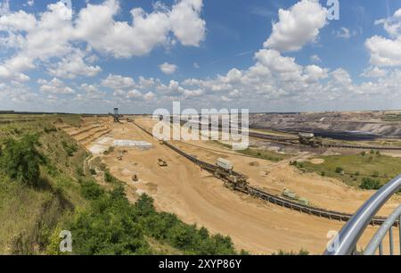 La bande transporteuse pour le recouvrement de terrain s'étend de la pelle hydraulique à roue à godets autour de la mine à ciel ouvert jusqu'à l'épandeur pour le remblayage sur la dsi épuisée Banque D'Images