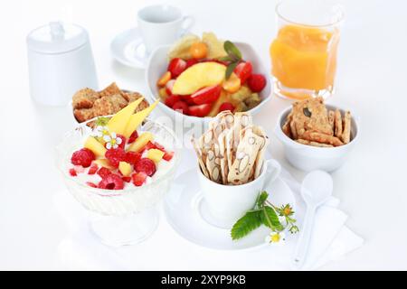 Petit-déjeuner sain avec du yogourt, fruits frais et céréales bois Banque D'Images