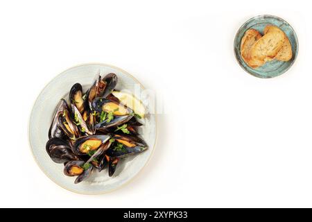 Une photo prise à la verticale d'une plaque de moules cuites, tourné à partir de ci-dessus, sur un fond blanc avec du pain et de l'espace de copie Banque D'Images