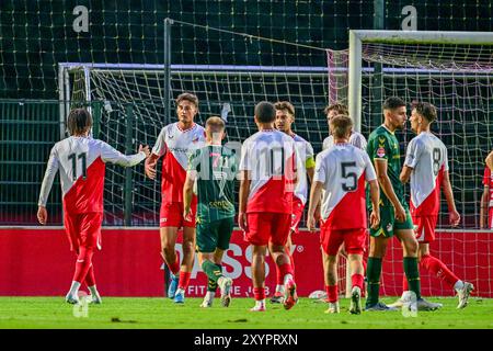 Utrecht, pays-Bas. 30 août 2024. UTRECHT, 30-08-2024, complexe sportif Zoudenbalch. Néerlandais KeukenKampioen Divisie saison de football 2024-2025. But par joueur Jong FC Utrecht Silas Andersen pendant le match Jong FC Utrecht - FC Emmen. Crédit : Pro Shots/Alamy Live News Banque D'Images