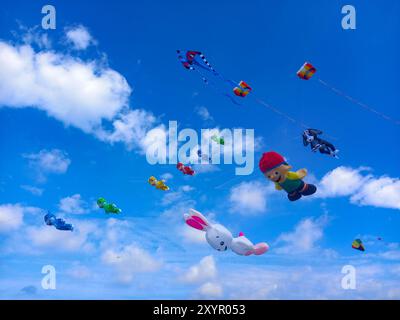 Allemagne, Norddeich, Frise orientale. Cerfs-volants colorés pendant le festival annuel traditionnel de cerf-volant sur la prairie de cerf-volant à Norddeich . 23 août 2023 Banque D'Images