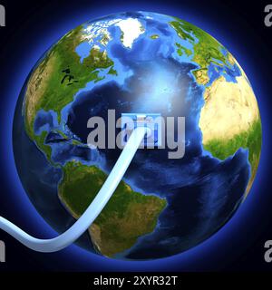 Câble réseau branché sur le globe terrestre. Illustration conceptuelle 3D. Banque D'Images