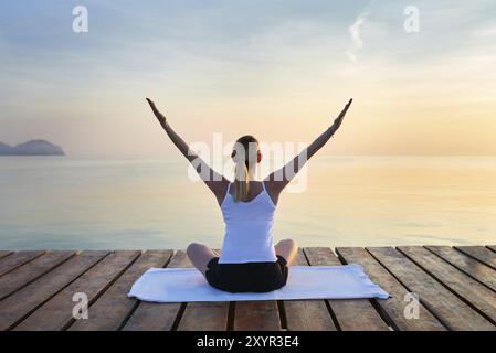 Vue arrière d'une jeune femme assise sur une serviette pratiquant le yoga par mer au coucher du soleil Banque D'Images