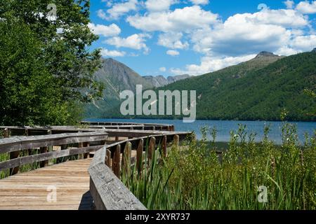 Un sentier de randonnée le long du lac Coldwater près du mont St Helens dans l'État de Washington s'étend sur le lac sur une promenade courbe. Banque D'Images