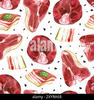 Viande sur l'os, steak, saindoux, boeuf, grains de poivre, tous les objets sont dessinés à la main à l'aquarelle. Motif aquarelle. Convient pour l'impression sur tissu Banque D'Images