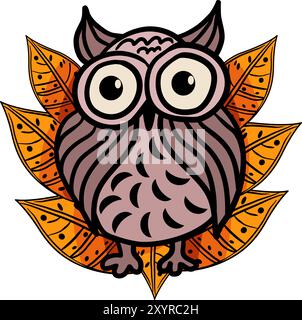 Chouette chouette avec illustration vectorielle de feuilles d'automne Illustration de Vecteur