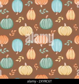 Modèle sans couture avec des citrouilles et des feuilles colorées Banque D'Images