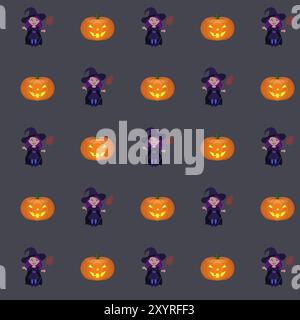 Motif répétitif sans couture de sorcières et de citrouilles d'Halloween Banque D'Images