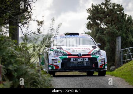 Aberystwyth, Dyfed, Royaume-Uni. 30 août 2024. Championnat d'Europe des rallyes FIA 2024 jour 1 ; pilote Christopher Ingram et co-pilote Alex Kihurani dans leur Toyota GR Yaris pendant le rallye Shakedown crédit : action plus Sports/Alamy Live News Banque D'Images