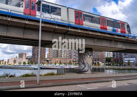 Pont pour la ligne de métro, bassin portuaire du Maashaven, bâtiments résidentiels dans les quartiers de Kop van Zuid et Katendrecht, presque tous les bâtiments ha Banque D'Images