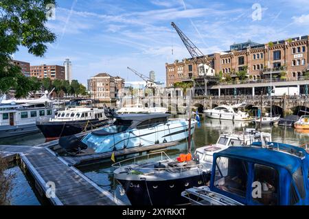 Rotterdam Marina, gastronomie, quartier de la vie nocturne, port de plaisance, bateaux à voile, yachts à moteur, dans le port intérieur, quartier Feijenoord, Rotte Banque D'Images