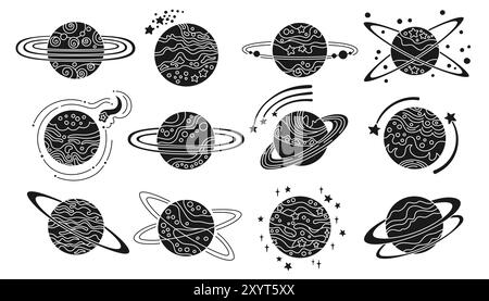 Planètes fantasy dessin animé ensemble pour les enfants. Conception abstraite des planètes galaxiques. Cosmos fantastique, collection céleste des sphères spatiales des planètes tampon. Illustration isolée de conception vectorielle Illustration de Vecteur