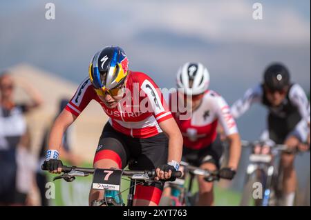 PAL Arinsal, Andorre : août 30 2024 : Laura Stigger d'AUTRICHE dans les Championnats du monde de vélo de montagne UCI SUR COURTE PISTE féminine Andorre Banque D'Images