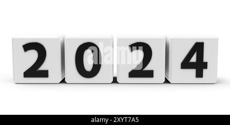 Les cubes blancs avec le numéro 2024 représentent la nouvelle année 2024, sur un tableau blanc, rendu tridimensionnel, illustration 3D. Banque D'Images