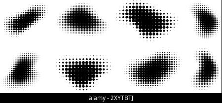 Figures demi-teintes abstraites, texture de points dégradés, effet de pulvérisation circulaire, formes rétro graphiques. Illustration de Vecteur