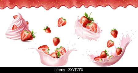 illustration réaliste 3d. Ensemble de fraises à la crème fouettée, éclaboussure de lait avec des fraises mûres, baies rouges tombantes. Illustration de Vecteur