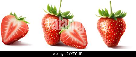 icône réaliste 3d. ensemble de fraises rouges, moitié de fraise, fraise entière. Isolé sur fond blanc. Illustration de Vecteur