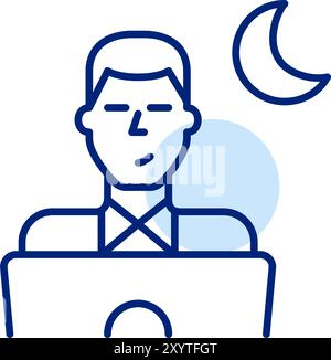 Homme dans la chemise travaillant à l'ordinateur portable et le symbole du croissant de lune. Créativité et productivité nocturnes. Icône de contour pixel Perfect, modifiable Illustration de Vecteur