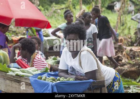 Seghe, Îles Salomon, 16 juin 2015 : femme vendant de la noix de bétel au marché local du village de Seghe, Océanie Banque D'Images