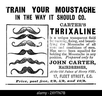 1894 publicité britannique victorienne fixateur de moustache Thrixaline carter. Banque D'Images