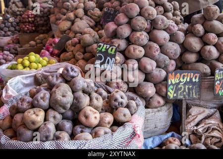 Arequipa, Pérou, 20 octobre 2015 : sacs de pommes de terre péruviennes au marché de San Camillo, Amérique du Sud Banque D'Images