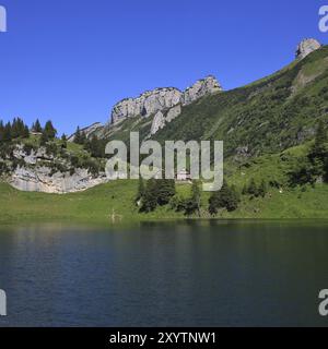 Journée d'été au lac Fahlensee, canton d'Appenzell. Bollenwees et montagnes de la chaîne de l'Alpstein Banque D'Images