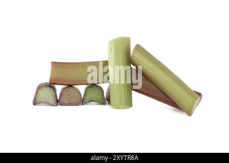 Groupe de morceaux de rhubarbe de différentes formes et tailles disposés dans une formation dispersée isolée sur fond blanc Banque D'Images