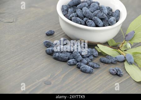 Bol en porcelaine blanche rempli de baies Borealis Honeyberry Haskap est situé sur une table en bois, certaines baies se renversant sur la table près de Br Banque D'Images