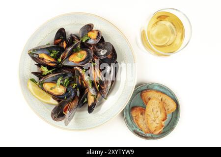 Moules marinière moules marinière, shot, d'en haut sur un fond blanc avec un verre de vin, de pain grillé, et un lieu pour le texte Banque D'Images