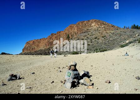 Randonneurs en face du massif rocheux des Riscos de la Fortaleza sur le sentier de randonnée 1, Parc National du Teide, Tenerife, Îles Canaries Banque D'Images