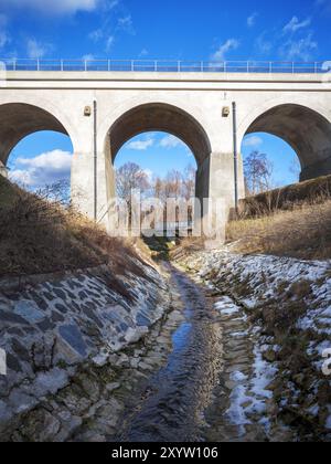 Aqueduc de fer crossing street et petit ruisseau Banque D'Images