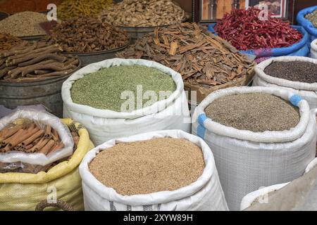 Aliments de base et épices en sacs Banque D'Images