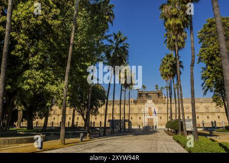 Bâtiment du Parlement andalou, (Parlamento de Andalucia) situé dans le jardin de palmiers à Séville, Espagne, Europe Banque D'Images