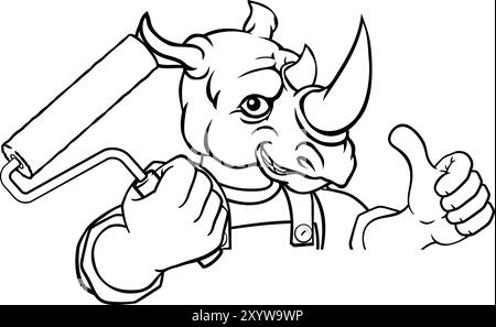 Rhino Painter Decorator Paint Roller Mascot Homme Illustration de Vecteur