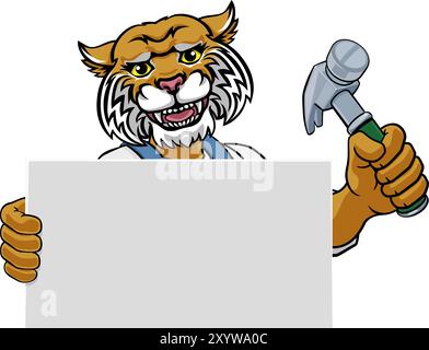 Wildcat Hammer Cartoon Mascot Handyman Carpenter Illustration de Vecteur