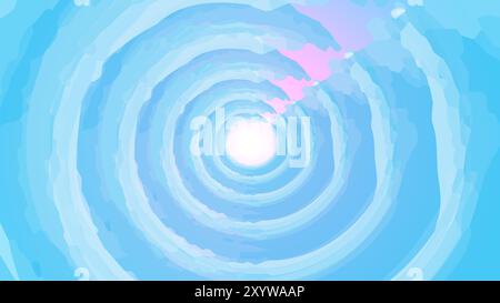 Une illustration numérique abstraite mettant en scène une spirale bleue tourbillonnante convergeant en une lueur centrale brillante. De subtiles nuances de rose accentuent la spirale, Illustration de Vecteur