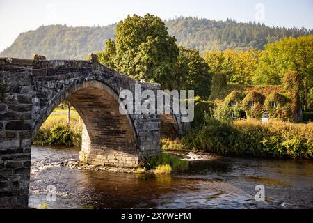 Llanrwst, pays de Galles, Royaume-Uni. Samedi 31 août 2024. Les salons de thé tu Hwnt i'R Bont sur les rives de la rivière Conwy dans la ville de Llanrwst, au nord du pays de Galles, montrent les premiers signes de l'automne avant le début de l'automne météorologique le 1er septembre. Crédit : Tom Holmes Photography / Alamy Live News. Banque D'Images