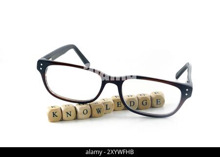 Lunettes et message de connaissance écrit dans des blocs de bois, symbole, concept, isolé sur fond blanc Banque D'Images