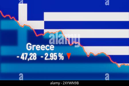 Marché boursier grec en baisse, graphique en baisse. Le marché boursier grec baisse. Graphique descendant avec drapeau de Grèce. Marché baissier, récession, krach boursier, négativ Banque D'Images