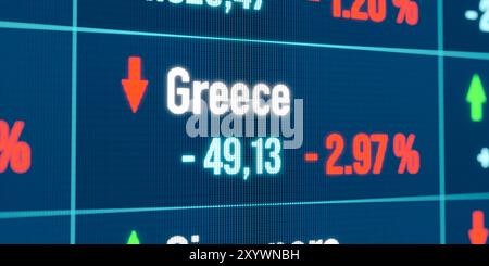 Grèce chute du marché boursier. Grèce chute du marché boursier. Récession, tendance négative, marché baissier, krach boursier, marchés financiers, perte. stock m Banque D'Images