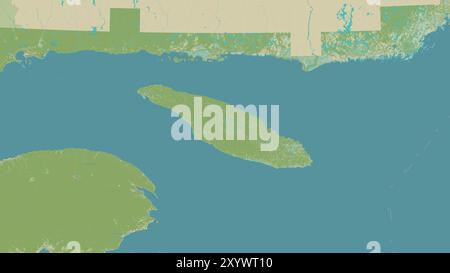 Île d'Anticosti dans le golfe du Saint Laurent sur une carte topographique de style humanitaire OSM Banque D'Images